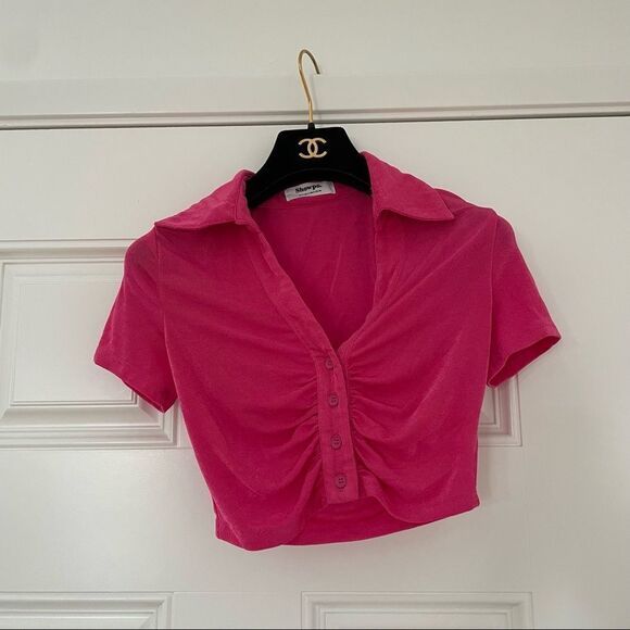 Showpo DOLLY BUTTON UP SLINKY SHORT SLEEVE CROP TOP IN HOT PINK - Picture 3 of 3